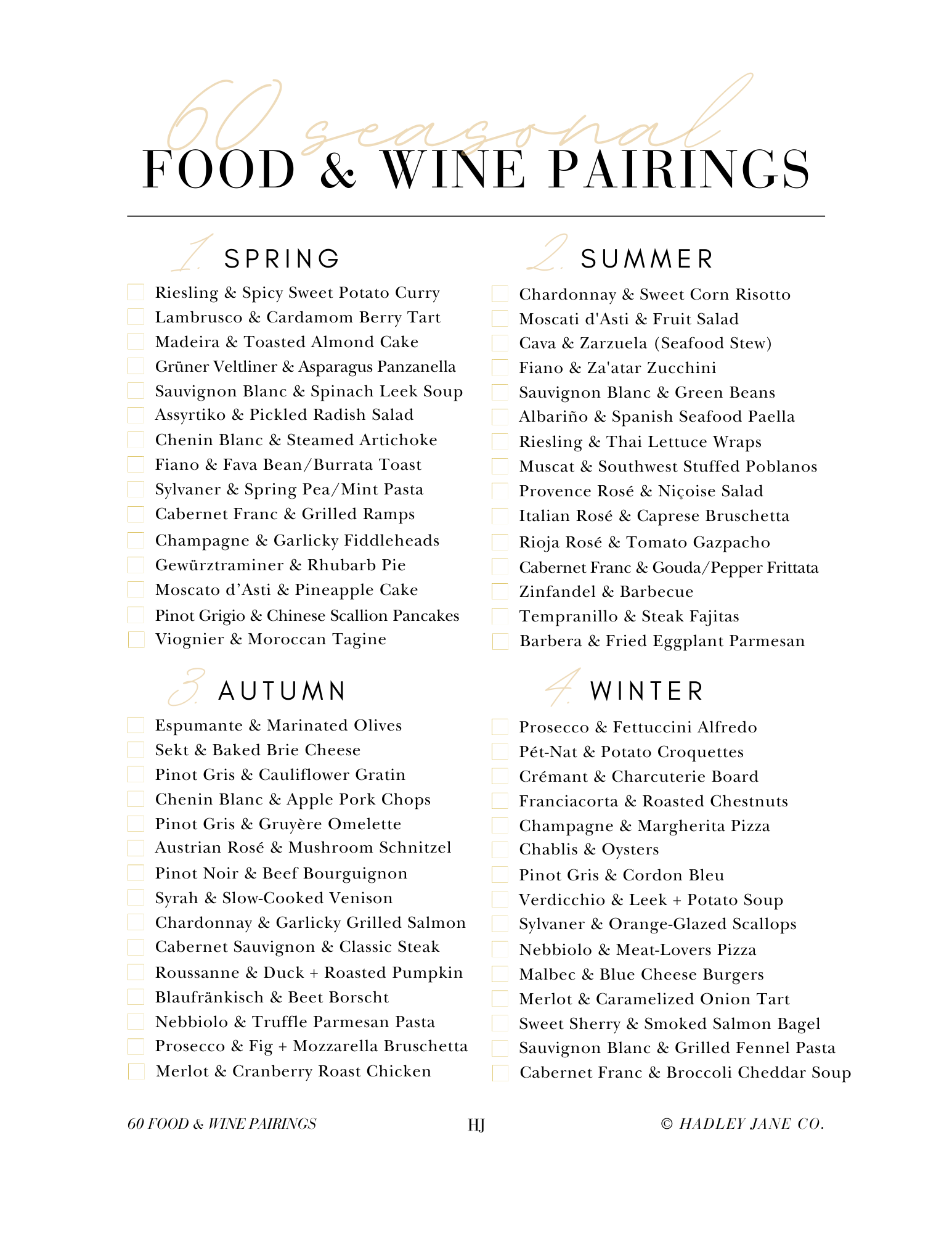 60 Seasonal Food & Wine Pairings by Hadley Jane Co